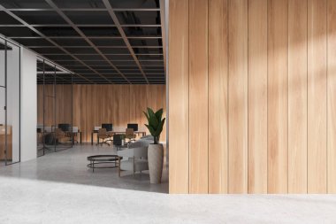 Sıralardaki bilgisayarlarla ahşap iç mekan, koltuklar ve sehpalarla bekleme alanı. Cam odalı çalışma alanı. Boş kopya uzay duvarı bölümü. 3B görüntüleme