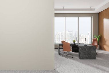 Modern ofis içi, müdürün masası ve bilgisayarı, halının üzerindeki koltuklar. Singapur gökdelenlerinde panoramik pencereli rahat danışma alanı. Boş duvar bölmesini düzenle. 3B görüntüleme