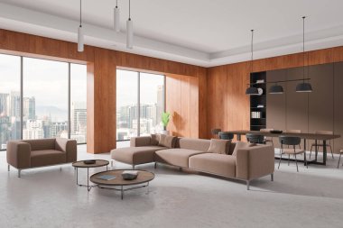 Evdeki ahşap oturma odasının köşesinde kanepe, dekorasyonlu kahve masası. Sandalyeli ve raflı yemek masası. Kuala Lumpur gökdelenlerinin panoramik penceresi. 3B görüntüleme