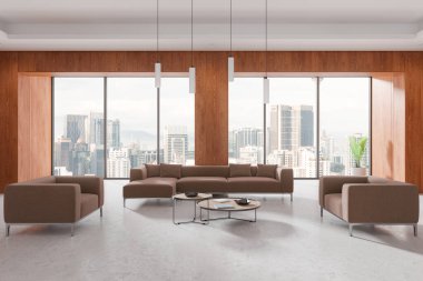 Geniş, modern oturma odası kahverengi kanepeler ve geniş pencereler, ahşap duvarlar, çağdaş iç tasarım manzaralı bir şehir manzarası. 3B görüntüleme.