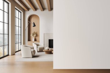 Geniş pencereli modern oturma odası, beyaz koltuklar, hafif ahşap zemin, ve model için boş beyaz bir duvar. Samimi ve minimalist tasarım. 3B Hazırlama