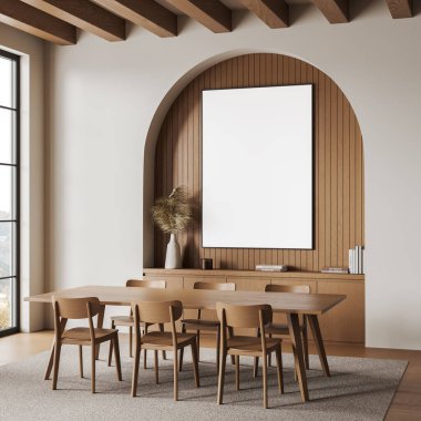 Sandalyeleri ve masası olan, ahşap bir duvarda boş bir posteri olan modern yemek odası. 3 boyutlu görüntüleme. İç tasarım ve model şablonu kavramı