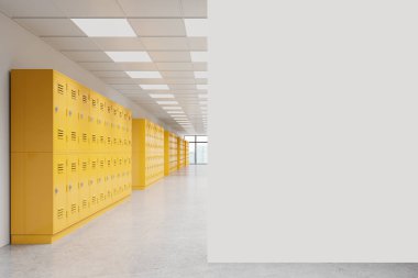 Okul koridoru, sarı dolaplar, kapalı kapılar, beton zemin. Gökdelenlerin panoramik penceresi. Okula dönüş kavramı. Boş duvar bölmesini düzenle. 3B resimleme