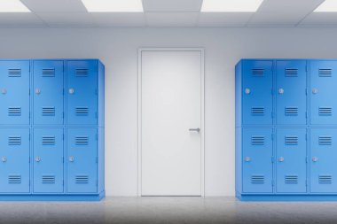 Her iki tarafında mavi dolaplar ve ortada beyaz, kapalı bir kapı olan bir okul koridoru. 3 boyutlu görüntüleme. Eğitim alanları ve depolama çözümleri kavramı