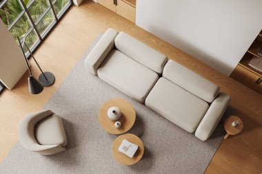 Işıklı ev oturma odası manzarası, modüler kanepe ve koltuk. Süslü kahve masası ve ahşap zeminde raf. Tropik bölgelerde panoramik pencere. 3B görüntüleme