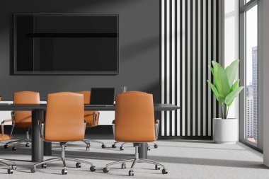 İç mekan, tahta ve deri koltuklar, duvarda TV ekranı. Bangkok gökdelenlerinde panoramik pencereli iş konferansı alanı. 3B görüntüleme