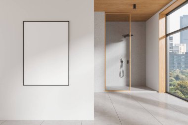 Duş ve cam bölmeli modern ev banyosu, açık beton döşemeli. Bangkok gökdelenlerinin panoramik penceresi. Bölümdeki tuval posterini taklit et. 3B görüntüleme