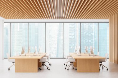 Bilgisayarlı ve sıralı, beton zemin tabanlı bir uzay ofisi aç. Koltukları olan rahat bir iş yeri. Singapur gökdelenlerinin panoramik penceresi. 3B görüntüleme