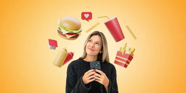 Stock image Woman with smartphone in hands, looking up at cartoon burger with fries, drink and sauce on empty orange background. Concept of food delivery, online order and mobile app