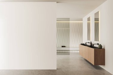 Minimalist otel banyosu, çift lavabo ve ahşap kibir, iki ayna ve aksesuar, gri beton zeminde cam duş. Boş duvar bölmesini düzenle. 3B görüntüleme