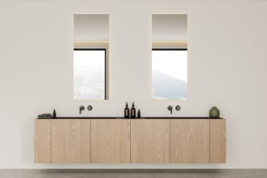 Çift lavabolu, ahşap dolaplı ve iki aynalı modern bir banyo süsü. Parlak armatürleri olan minimalist tasarım. 3B Hazırlama