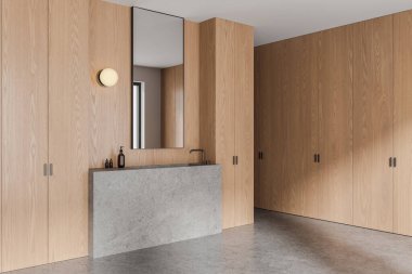 Otel banyosunun içi lavabo, aksesuar ve aynalı taş tezgah manzaralı. Modern dairenin banyo alanındaki ahşap raflar. 3B görüntüleme