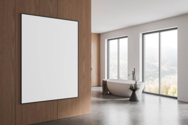 Modern bir banyoda boş bir poster modeli, ahşap bir duvar, büyük pencereler ve serbest banyo küveti. İç tasarım kavramı. 3B Hazırlama.