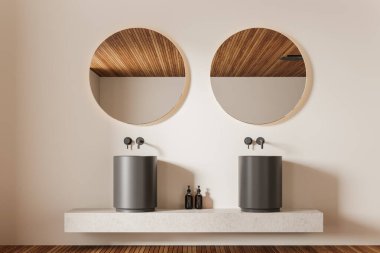 Yuvarlak aynaların, parlak siyah lavaboların ve minimalist demirbaşların yer aldığı modern çift kişilik makyaj seti. Temiz ve çağdaş tasarım. Lüks banyo kavramı. 3B Hazırlama