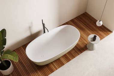 Beyaz banyo küveti, yan masası, ahşap panelleri ve beton zemini olan rahat bir otel tuvaleti manzarası. Modern apartmanda banyo köşesinde bitki var. 3B görüntüleme