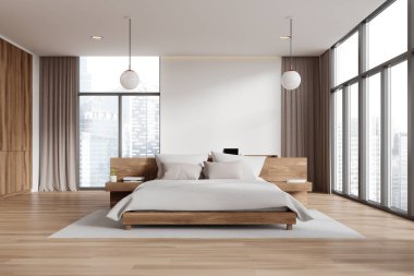 Minimalist yatak odasında ahşap bir yatak çerçevesi, geniş pencereler ve tarafsız bir dekor var. Ahşap zeminli modern iç tasarım. 3B Hazırlama