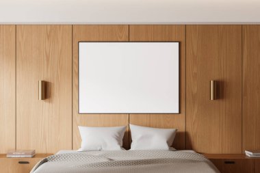 Minimalist otel odası iç yatak ve komodin, dekorasyon ve lambalar. Ahşap duvarda tuval posteri olan rahat bir uyku odasına yakın çekim. 3B görüntüleme