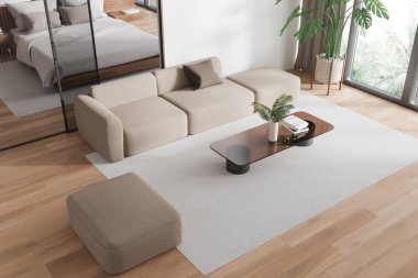 Otelin yatak odası manzarası kanepe, sehpa, cam bölme, halı ve ahşap döşeme. Tropik bölgelerde rahatlama ve panoramik pencere. 3B görüntüleme