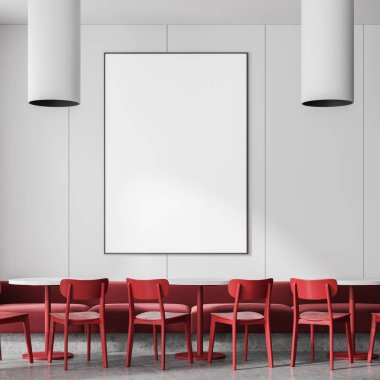 Kırmızı yemek masaları ve sandalyeleri beton zeminde kanepesi olan minimalist bir kafe. Renkli restoran yeme alanı. Beyaz duvarda tuval posteri var. 3B görüntüleme