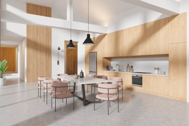 Ahşap ev mutfağının iç mekan manzarası yemek masası ve sandalyeler, raflı dolap ve beton zemin. Çağdaş dairede yemek ve yemek pişirme yeri. 3B görüntüleme