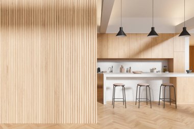 Lüks ahşap ev mutfağı iç mekan, bar adası ve sandalyeler, ahşap zemin raflı yemek dolabı. Yemek odası ve boş fotokopi duvarı. 3B görüntüleme