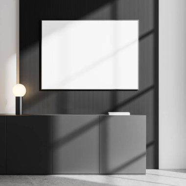 Modern gri dolabın üzerinde, üzerinde lamba armatürü olan karanlık bir duvarda boş beyaz poster modeli. Minimalist tasarım. Sanat tasarımı kavramı. 3B Hazırlama