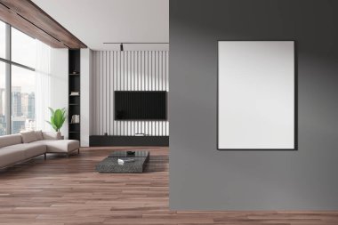 Ahşap zemini ve şehir manzarası geniş pencereleri olan modern bir oturma odasında boş bir poster modeli. İç tasarım kavramı. 3B Hazırlama.
