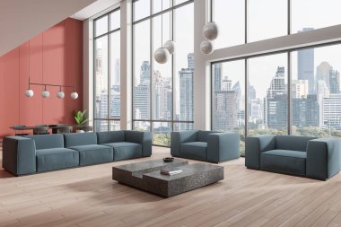 Oturma odasının mavi kanepesi ve yumuşak koltuğu olan köşesi dekoratif taştan bir sehpa. Sandalyeli yemek masası. Bangkok gökdelenlerinin panoramik penceresi. 3B görüntüleme