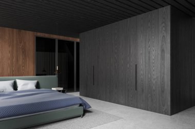 Ev yatak odası manzarası yatak odası, siyah ahşap gardırop, gri beton zeminde yan manzara halısı. Dolap ve minimalist dekorasyonla rahatla. 3B görüntüleme