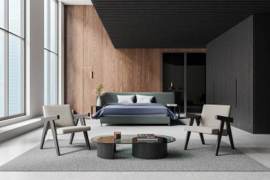 İçinde sandalyeler, sehpa, büyük pencereler ve ahşap bir aksan duvarı bulunan çağdaş mobilyaların bulunduğu modern bir oturma odası. İç tasarım konsepti. 3B Hazırlama.