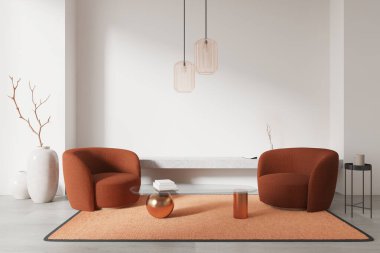 Turuncu sandalyeli modern oturma odası, minimalist bir ortamda hafif halıdaki cam masa. Çağdaş iç tasarım kavramı. 3B Hazırlama.