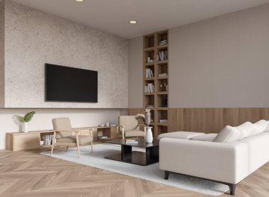 Oturma odası manzarası kanepe ve koltuklar, sehpa ve televizyon, sanat dekorasyonlu raflar. Rahat İskandinav tasarımlı bir salon. 3B görüntüleme