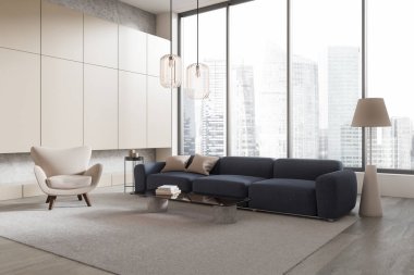 Ev manzarası rahat koltuk ve kanepe, raf ve dekorasyonlu kahve masası. Singapur gökdelenlerinde panoramik pencere, beton zeminde halı. 3B görüntüleme