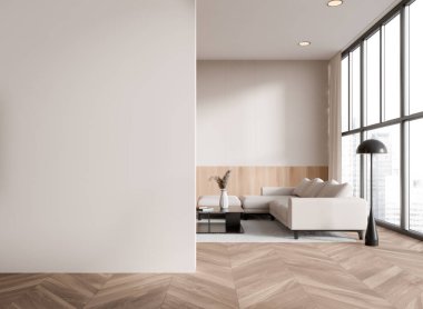 Açık ev oturma odasının içinde kanepe ve dekorasyonlu kahve masası, ahşap zeminde halı. Singapur gökdelenlerinin panoramik penceresi. Boş duvar bölmesini düzenle. 3B görüntüleme