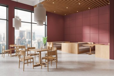 Kafenin içi, ahşap sandalyeler, sıra sıra yemek masaları, beton zemin. Yumuşak başlı kırmızı yemek bölgesi. Kuala Lumpur gökdelenlerinin panoramik penceresi. 3B görüntüleme