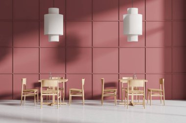 Ahşap sandalyeli, masalı, parlak beton zeminli renkli bir restoran. Minimalist mobilyaları ve lambaları olan rahat bir kafe. 3B görüntüleme