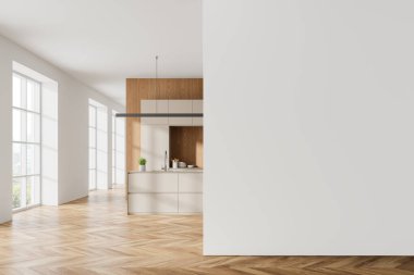 Ahşap elementler ve geniş pencereli modern mutfak, modelleme amacıyla boş beyaz bir duvar içeriyor. 3B Hazırlama