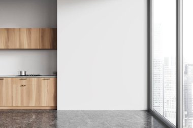 Şık bir ev mutfağı, yemek dolabı, fırın ve beton zemin rafları. Gökdelenlerde yemek pişirme alanı ve panoramik pencere. Boş duvarı taklit et. 3B görüntüleme