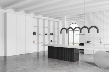 Ev mutfağı manzarası, bar adası, mutfak malzemeleri ve yemek masası duvarın arkasında. Tabaklı raflar ve gökdelenlerin panoramik pencereleri. 3B görüntüleme