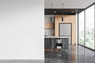 Modern ev mutfağı, bar adası ve mutfak gereçleri, gri beton zemin. Panoramik pencereli yemek ve pişirme alanı. Boş duvar bölmesini düzenle. 3B görüntüleme