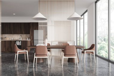 İçinde ahşap mobilyalar, kolye ışıkları ve bahçe manzaralı büyük pencereler olan modern yemek odası. Çağdaş tarz iç tasarım. 3B Hazırlama.