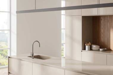 Bej ev mutfağının köşesi, bar adası ve lavabo, yakın çekim. Bangkok gökdelenlerinde panoramik pencereli modern bir dairede yemek pişirme dolabı. 3B görüntüleme