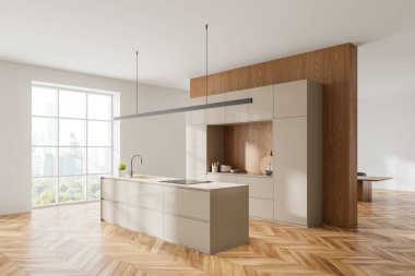 Arka planda bej ve ahşap mutfak manzarası, bar tezgahı, oda ayırıcısı ve yemek masası var. Gökdelenlerin panoramik penceresi. 3B görüntüleme