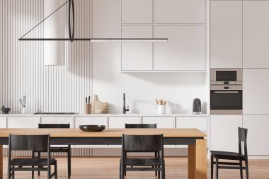 Beyaz ev mutfağı ahşap yemek masası ve sandalyeler, yakın plan. Mutfak gereçleri, lavabo ve kapüşonlu fırın. Modern dairede yemek alanı. 3B görüntüleme