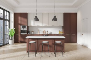 İçinde kahverengi ve beyaz dolaplar, oturma yerleri ve kolye ışıkları olan bir ada bulunan modern mutfak. Çağdaş tasarım. 3B Hazırlama