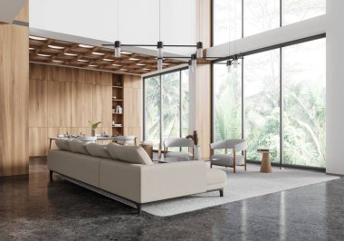 Oturma odası manzarası kanepe ve koltuklar, halı üzerinde kahve masası. Beton zeminde yemek masası ve sandalyeler. Panoramik pencerenin yanında buluşma ve yemek odası. 3B görüntüleme