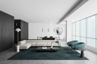 Siyah ve beyaz oturma odasının içinde kanepe ve koltuklar, halısı süslemeli kahve masası. Yemek masası, sandalyeler, kıvrık ayna. Gökdelenlerin panoramik penceresi. 3B görüntüleme