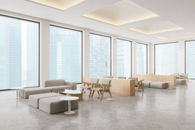 Lobideki lobinin köşesinde yumuşak bir yer ve cam sehpalar var. Ahşap çekmeceleri olan bölgeler yiyor. Singapur gökdelenlerinin panoramik penceresi. 3B görüntüleme