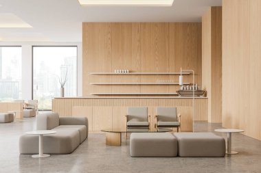 Modüler kanepesi ve koltuğu olan ahşap bir kafeterya, parlak beton zemin. Bar adası ve bulaşık dolu raflar. Gökdelenlerin panoramik penceresi. 3B görüntüleme