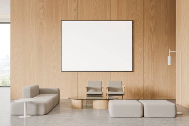 Modern otel lobisi. Kanepesi, koltukları, cam masası, parlak beton zemini var. Bangkok gökdelenlerinin panoramik penceresi. Bölümdeki tuval posterini taklit et. 3B görüntüleme